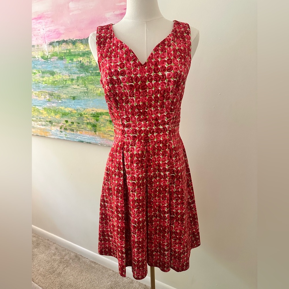 Maggy London Red and Pink Roses Fit and Flare size 6